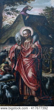 Gdansk, Poland - August 12, 2019: Close-up Of The Oil Painting Showing Jesus Christ As The Good Shep