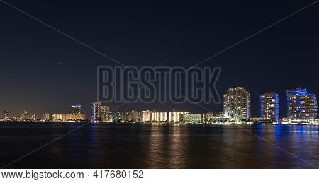 Miami Night City. Usa Downtown Skyscrappers Landscape, Twighlight Town.