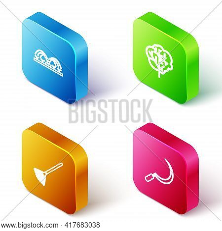 Set Isometric Line Automatic Irrigation Sprinklers, Tree, Garden Rake For Leaves And Sickle Icon. Ve