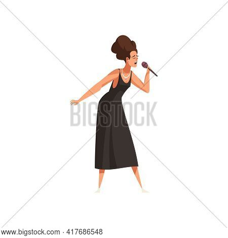 Flat Icon Of Woman Singer With Microphone On White Background Vector Illustration