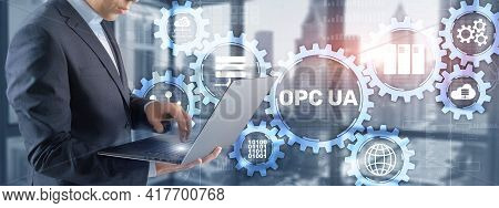 Businessman Selecting Opc Unified Architecture. Data Transmission In Industrial Networks Concept