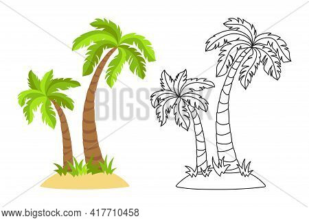 Tropical Island With Palm Trees Flat Cartoon And Line Set. Coconut Palm Trees Nature Design Element.