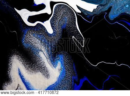 Sea Deep Inspired Abstract Marble Liquid Texture In Silver White Glitter, Indigo, Ultramarine And Bl