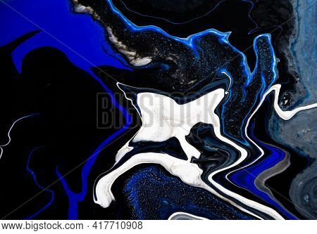 Sea Deep Inspired Abstract Marble Liquid Texture In Silver White Glitter, Indigo, Ultramarine And Bl