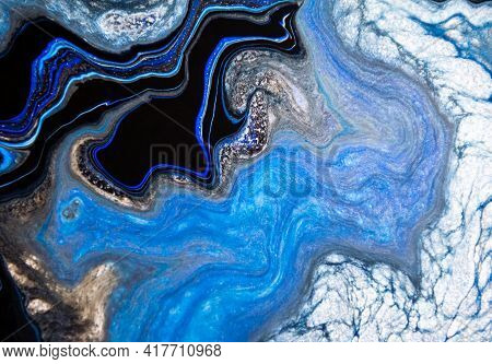 Sea Deep Inspired Abstract Marble Liquid Texture In Silver White Glitter, Indigo, Ultramarine And Bl