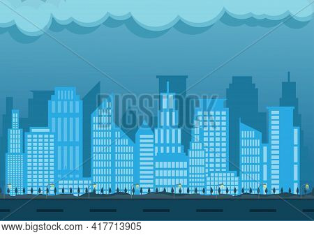 Cityscape Flat Smart City Environment Background Vector. Blue Color Theme With  Big Skyscraper Build