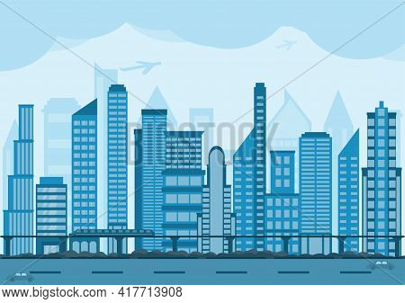 Cityscape Flat Smart City Environment Background Vector. Blue Color Theme With  Big Skyscraper Build