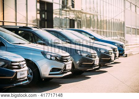 Gomel, Belarus - October 19, 2020: Lada Vesta, Granta Cars Parked In Row Near Dealership