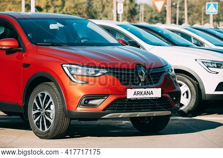 Gomel, Belarus - October 19, 2020: Renault Cars Arkana Parking In Row Outdoors. Subcompact Crossover