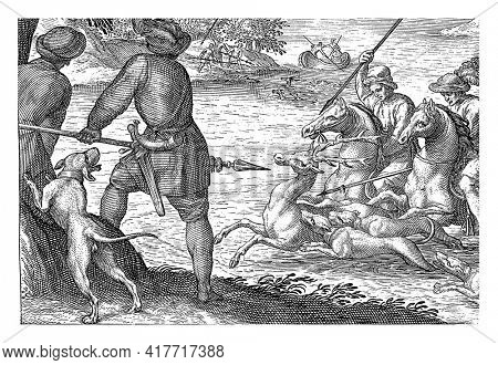 Landscape with two riders and three dogs in a river. The riders aim their spears at a deer. On the left bank, two hunters and a dog, seen from behind