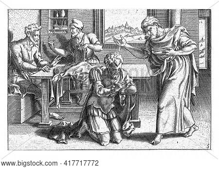 Paul kneels on the ground and Ananias baptizes him by pouring water on his head