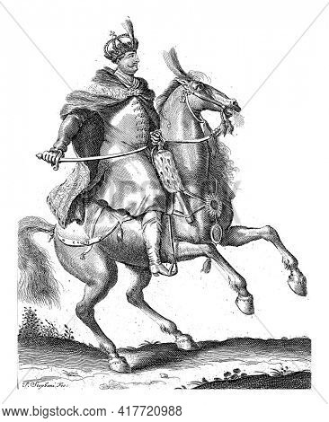 Portrait of Jan III Sobieski, King of Poland, on horseback with a sword in his hand. At the bottom in the margin are name and function in Latin.