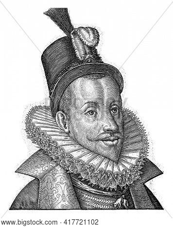 Portrait of Albrecht Archduke of Austria, in oval with edge lettering. Albrecht wears a hat with a feather, a collar and the Golden Fleece necklace.
