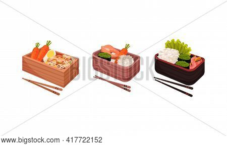 Japanese Bento Box With Traditional Asian Food With Noodles, Rice And Seafood Vector Set