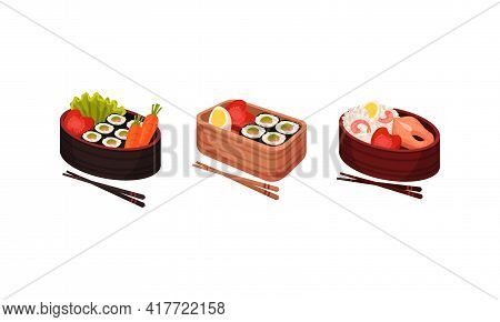 Japanese Bento Box With Traditional Asian Food With Sushi, Rice And Seafood Vector Set