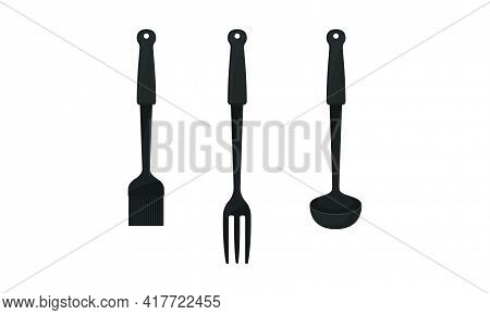 Black Kitchen Utensil With Ladle And Serving Fork Vector Set