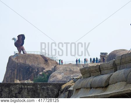 Closeup Of Beautiful Attraction Huge Statue Open Wing Eagle Or Jatayu Park At Lepakshi Above The Roc
