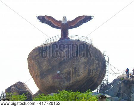 Closeup Of Beautiful Attraction Huge Statue Open Wing Eagle Or Jatayu Park At Lepakshi Above The Roc