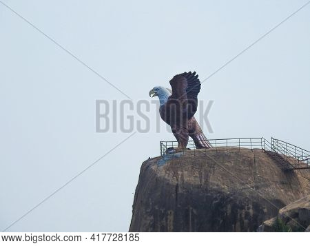 Closeup Of Beautiful Attraction Huge Statue Open Wing Eagle Or Jatayu Park At Lepakshi Above The Roc