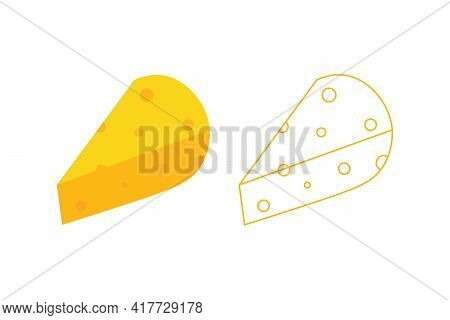 Cute Cartoon And Outlined Style Cheese Chunks, Dairy Product Vector Icons, Illustration.