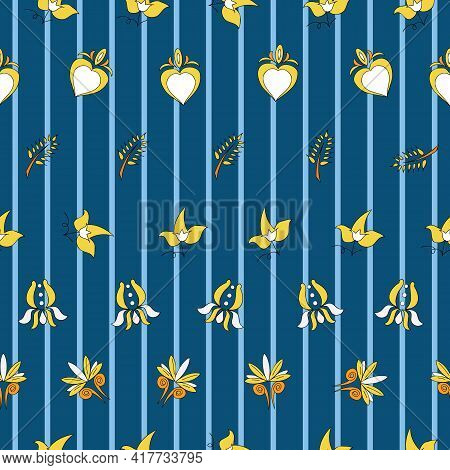 Vector Bright Blue Breton Stripes Background Brittany Celtic, Breton Trational Folklore Symbols Seam