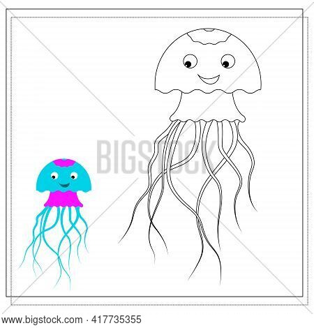 The Page Of The Coloring Book, Octopus. Sketch And Color Version. Coloring Book For Kids. Vector Ill