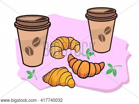 Coffee Break.  Image Of Croissants And Coffee On A White Background. Line Drawing In Color.