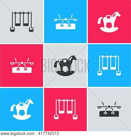Set Double Swing, Seesaw And Horse Saddle Icon. Vector
