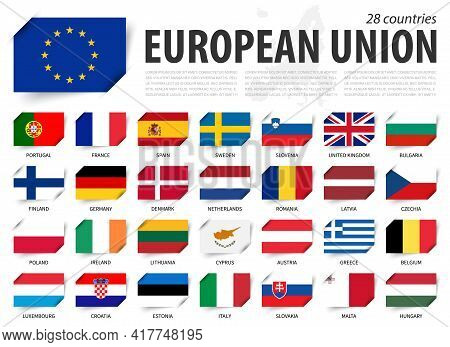 European Union . Eu Flag And Country Membership . And Europe Map On Background . Inserted Paper Flag
