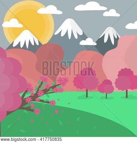 Vector Nature Spring Landscape Background. Cute Simple Cartoon Style. Geometric Landscape Background