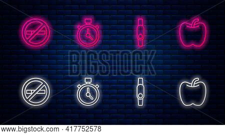 Set Line Stopwatch, Smartwatch, No Smoking And Apple. Glowing Neon Icon On Brick Wall. Vector