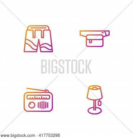 Set Line Floor Lamp, Radio With Antenna, Short Pants And Waist Bag Of Banana. Gradient Color Icons. 