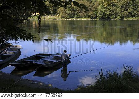 Castano Primo (mi), Italy - June 05, 2017: Fisherman Near Ticino River, Castano Primo, Lombardy, Ita