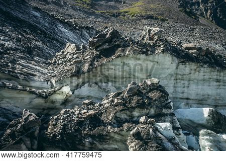 Nature Background With Icefall Near Glacier Wall With Cracks And Scratches. Natural Backdrop With Ic