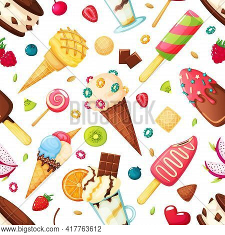 Ice Cream Seamless Pattern. Vanilla Sundae With Caramel Topping. Frozen Yogurt, Fruit Ice Popsicles.