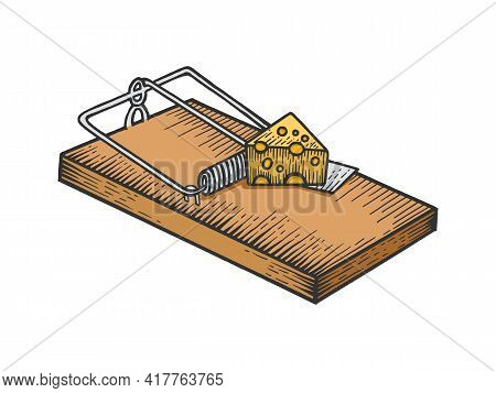 Mousetrap With Cheese Color Sketch Engraving Vector Illustration. Scratch Board Style Imitation. Bla