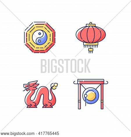 Lunar New Year Attributes Rgb Color Icons Set. Bagua, Feng Shui. Paper Lantern. Loong Dragon. Chines
