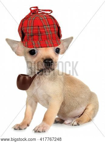Cute dog puppy detective Chihuahua with pipe isolated on white background conceptual photo 