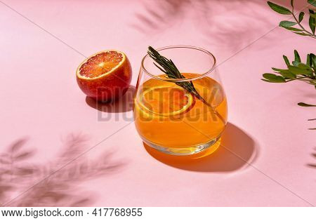 Summer Ice Alcoholic Cocktail Served Under The Summer Sun Light, View From Above.