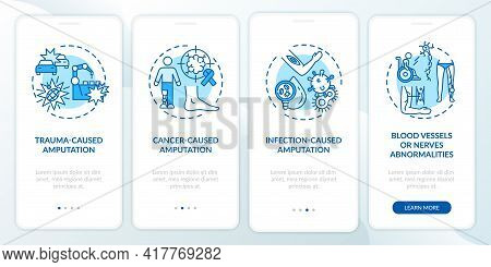 Amputation Causes Onboarding Mobile App Page Screen With Concepts. Tumor, Blood Vessels Damage Walkt