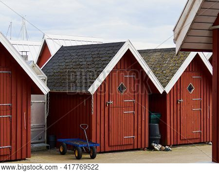 Beautiful Red Fishing Huts On The Coast Faaborg Denmark