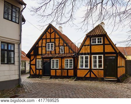 Beautiful Picturesque Small Street Street With Old Houses In Tourist Attraction Port City Of Faaborg