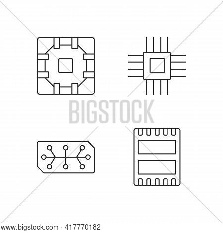 Microcircuits Linear Icons Set. Computer Device Ports. Stable Connection Between Computer Components