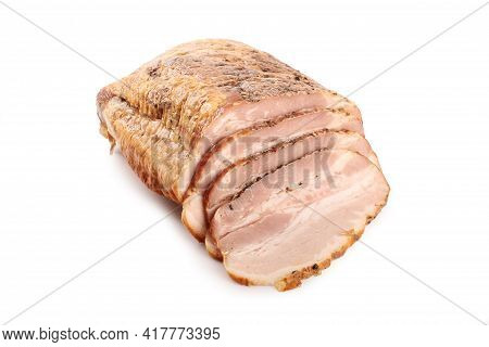 Roasted Loin, Pork Neck With Herbs And , In One Piece And Cut Into Slices, Isolated On White Backgro