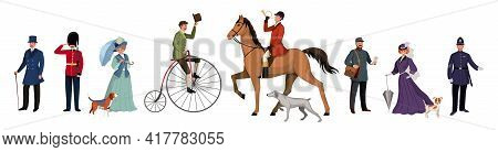 Group Of People Of Different Genders, Professions In Different Clothes. British Retro Style People C