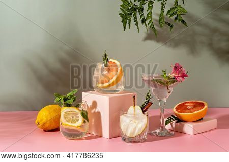 Hard Seltzer Cocktails With Various Fruits: Pear, Grapefruit, Lemon. Refreshing Colorful Summer Drin