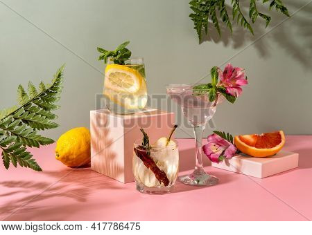 Hard Seltzer Cocktails With Various Fruits: Pear, Grapefruit, Lemon. Refreshing Colorful Summer Drin