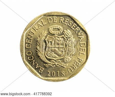 Peru Ten Centimos Coin On White Isolated Background