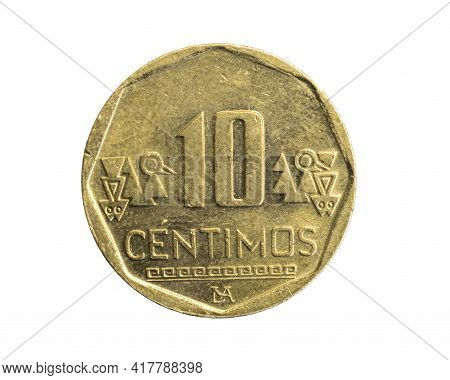 Peru Ten Centimos Coin On White Isolated Background