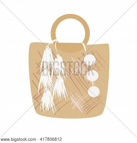 Beach Beige Nude Straw Bag With Tassels And Pampons